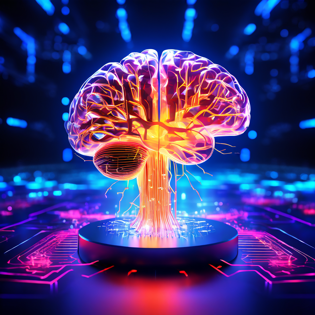 홀로그램 영상 생성의 핵심 계산 과정을 시각화하며 복잡한 3차원 기하학적 데이터 스트림을 처리하는 빛나는 디지털 두뇌의 개념도를 나타냅니다.