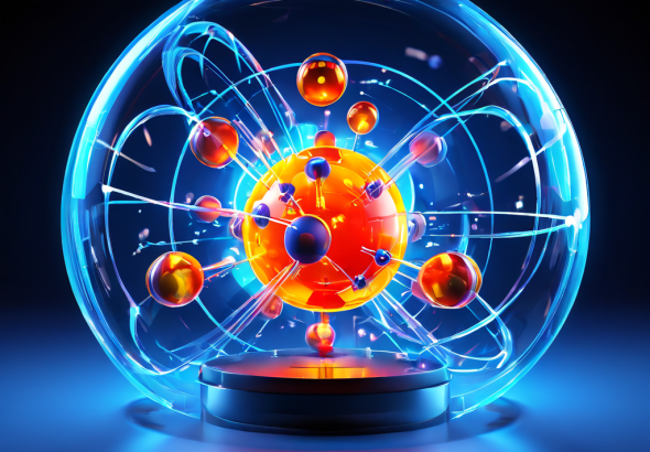 자기장 내에서 정렬과 세차 운동을 하는 원자핵의 움직임을 3D 과학 다이어그램으로 표현하여 핵자기 공명(NMR) 원리를 시각적으로 설명하는 이미지입니다.