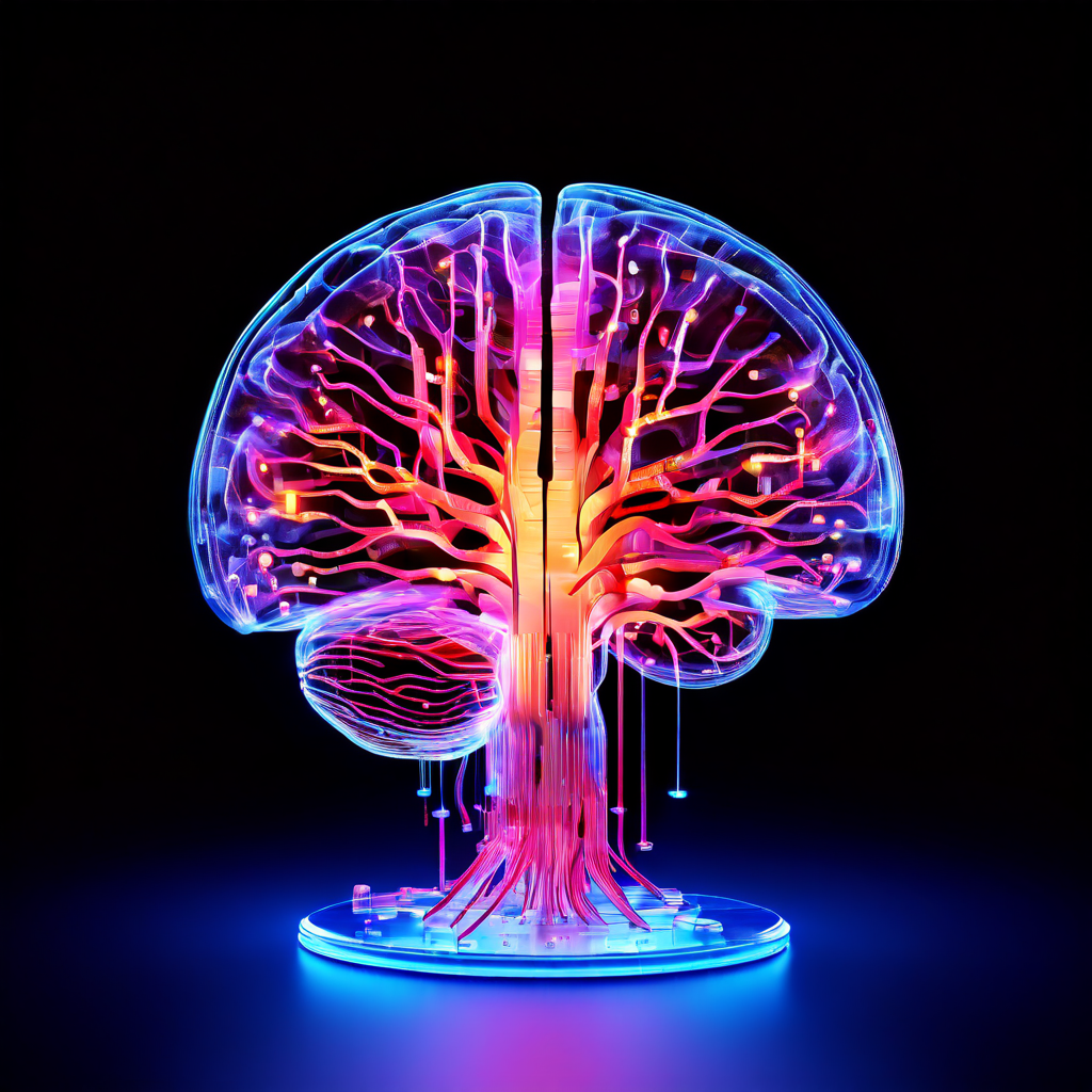 복잡한 공간 지도를 통해 흐르는 인코딩된 데이터 스트림이 단일 하이라이트된 신경 세포 절편으로 수렴되는 빛나는 3D 뇌 모델을 시각화한 이미지입니다.