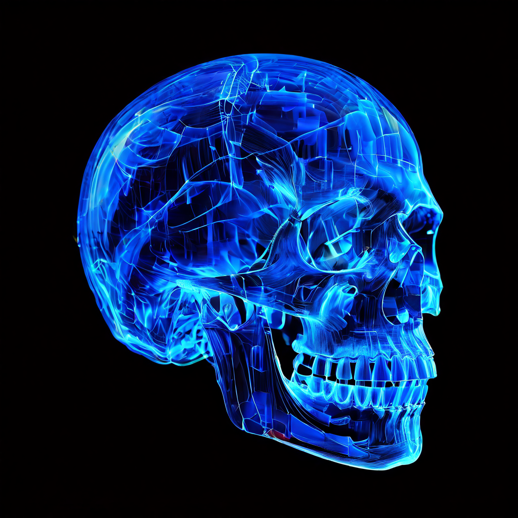 다양한 2D X-ray 투영 각도 데이터를 3D로 재구성하여 형성된 푸른 빛의 의료 영상 데이터가 인간 두개골 모델을 시각화하는 의료 영상 재구성 기술을 보여주는 이미지입니다.
